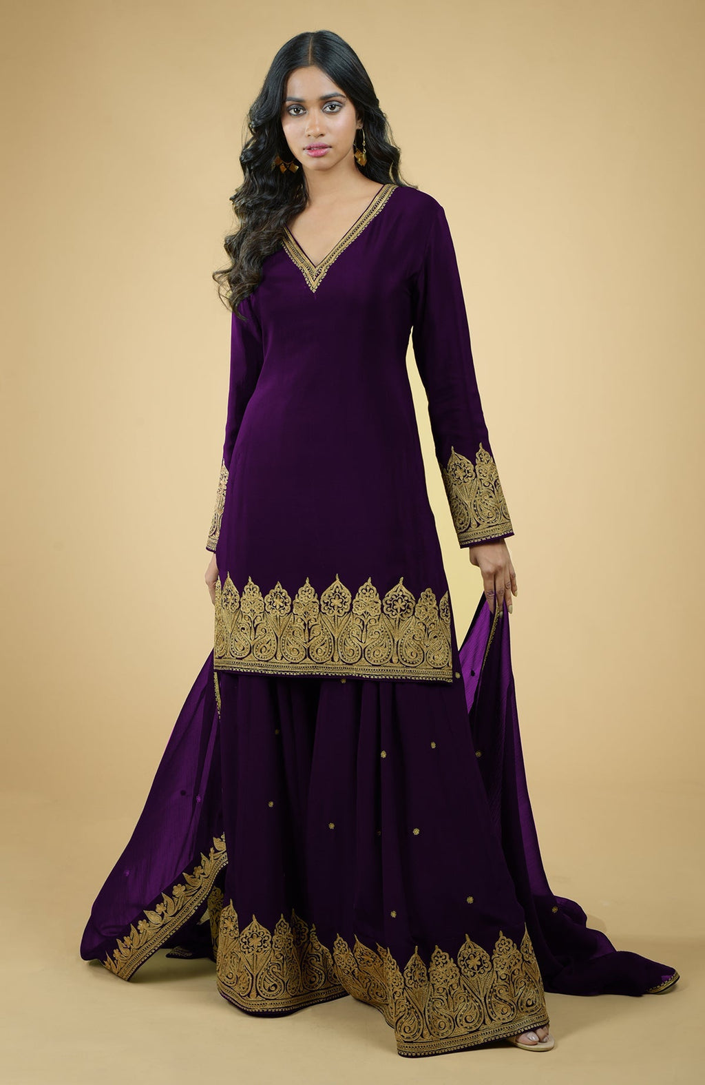 Plum crepe sharara set with gold Kashmiri tilla aari embroidery and chiffon dupatta