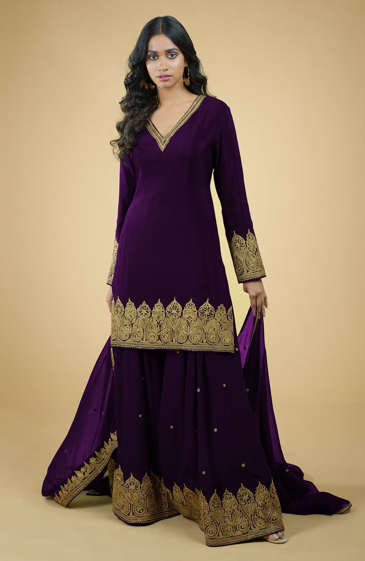 Plum crepe sharara set with gold Kashmiri tilla aari embroidery and chiffon dupatta