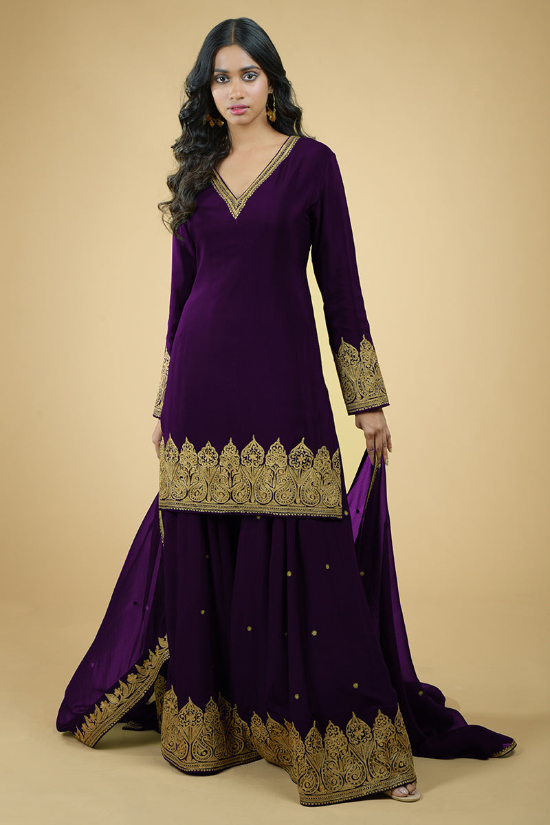 Plum crepe sharara set with gold Kashmiri tilla aari floral and paisley embroidery