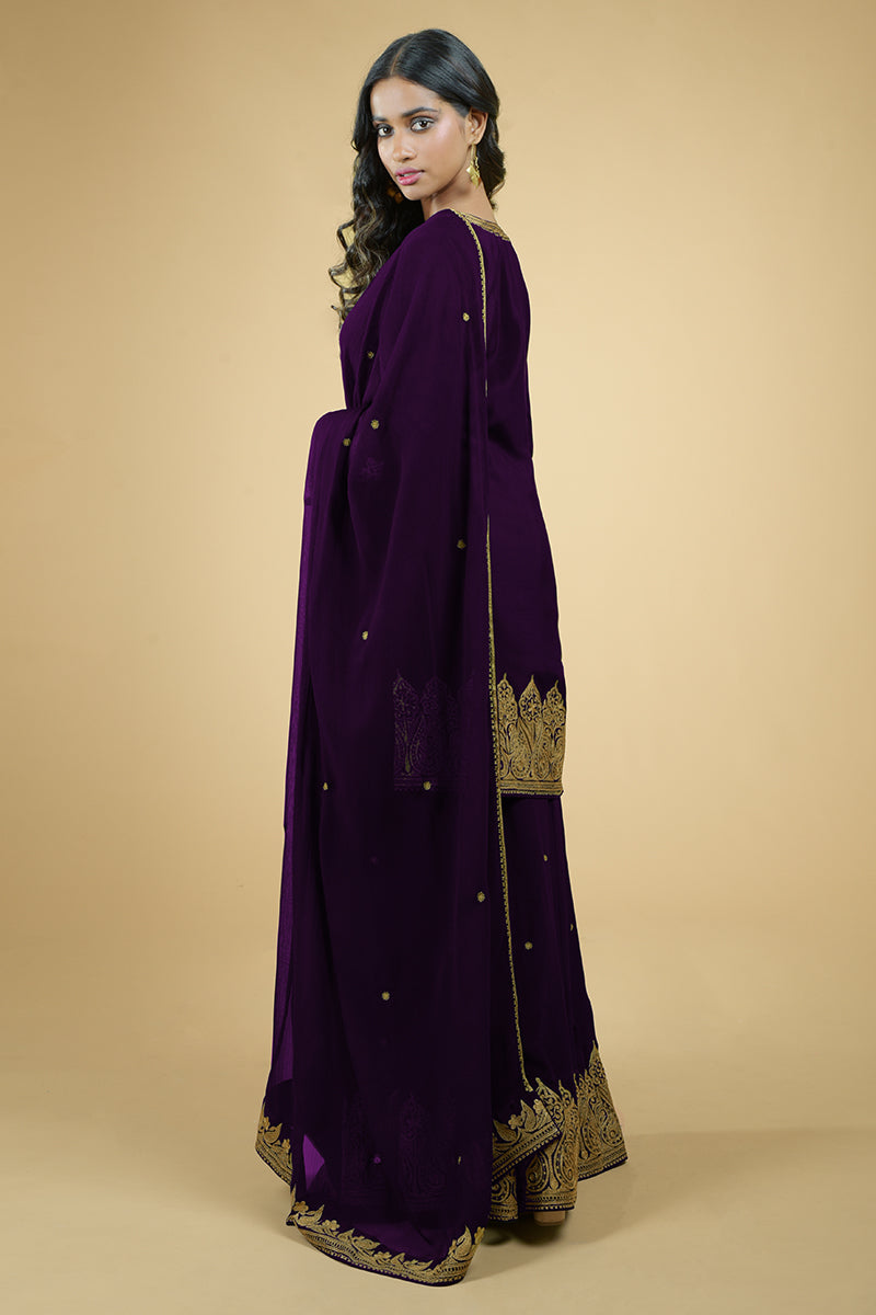 Plum crepe sharara set with gold Tilla Aari Kashmiri floral and paisley embroidery
