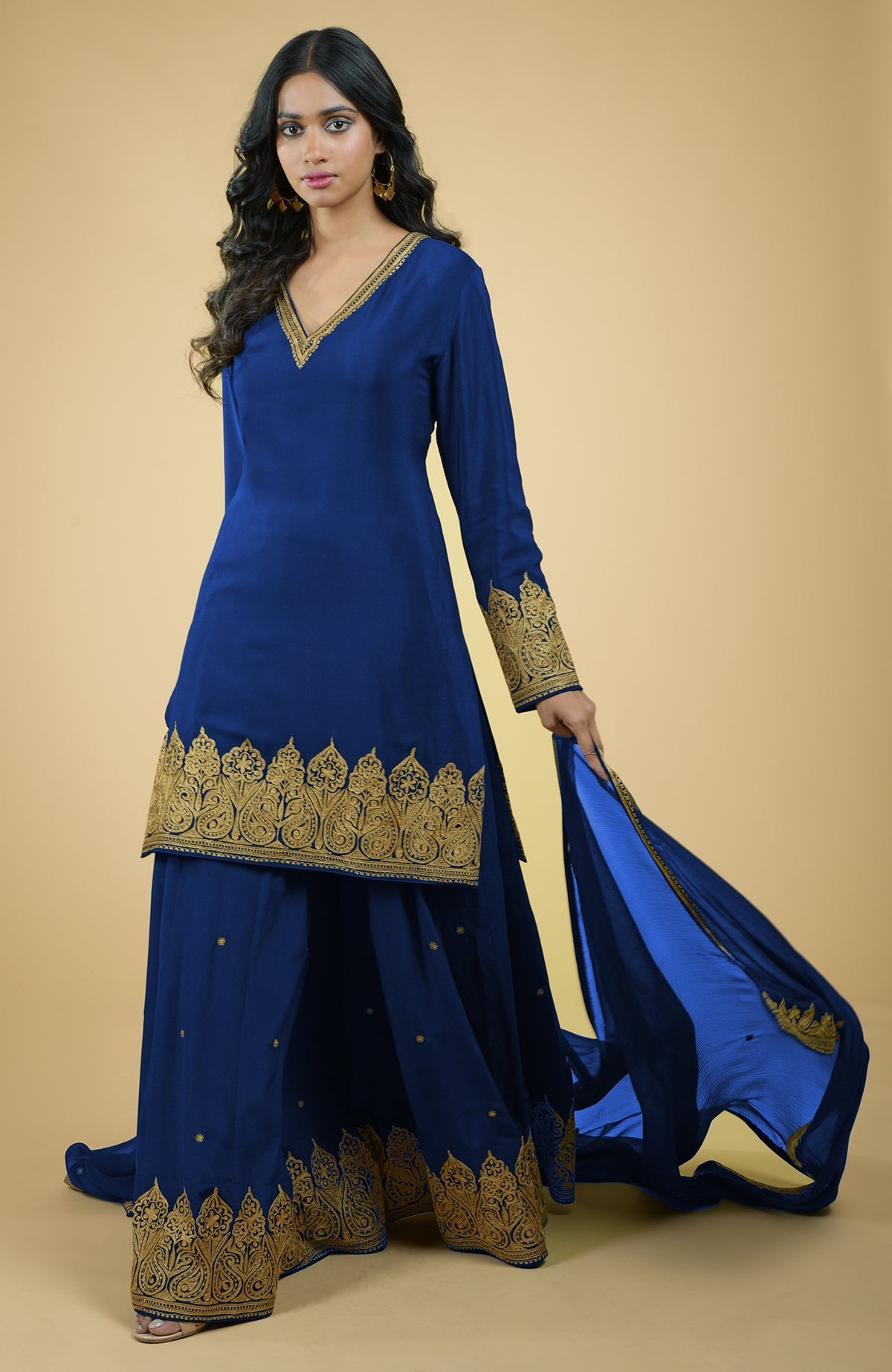 Cobalt blue crepe sharara set with gold Kashmiri tilla aari floral and paisley embroidery