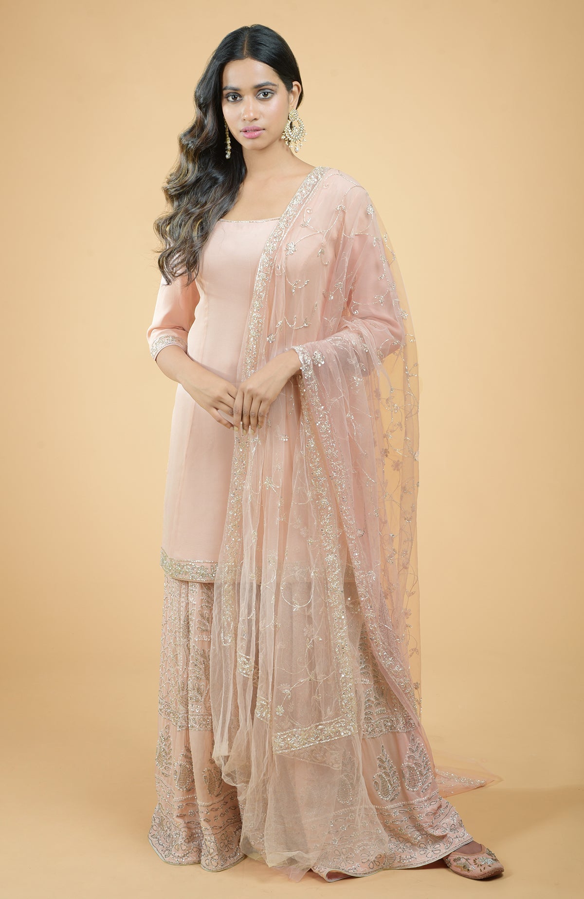 Nude pink georgette sharara set with hand-embroidered chikankari, beads, and sequin zardozi details.