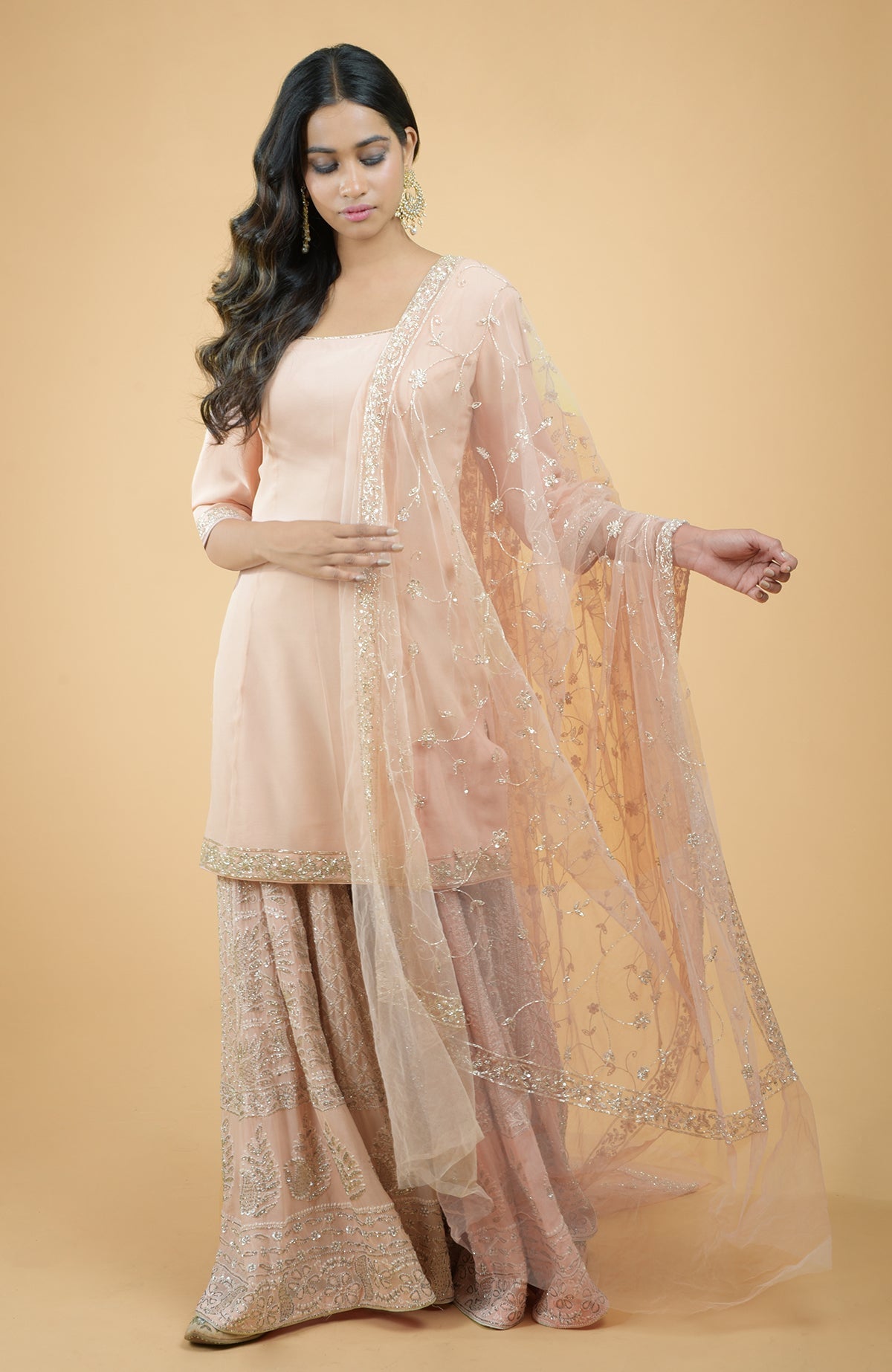 Nude pink georgette sharara set with hand-embroidered chikankari, beads, and sequin zardozi details.