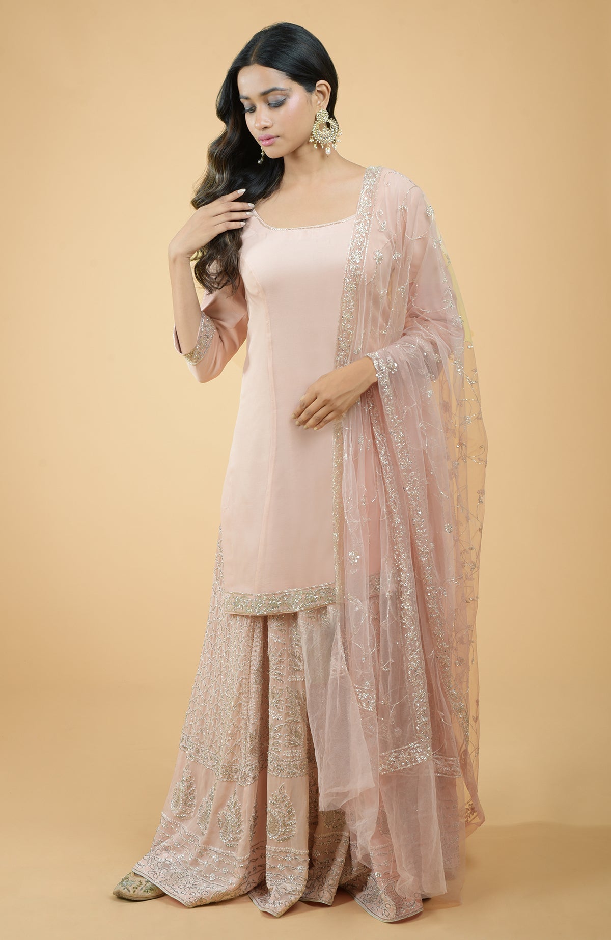 Nude pink georgette sharara set with hand-embroidered chikankari, beads, and sequin zardozi details
