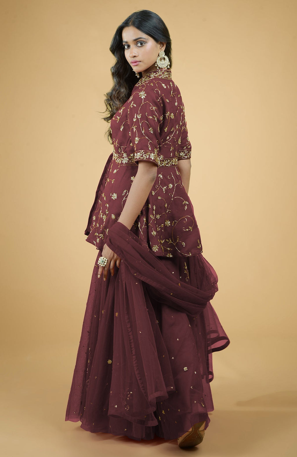Marsala sharara set with gold bead and sequin zardozi embroidery on organza and tulle fabric