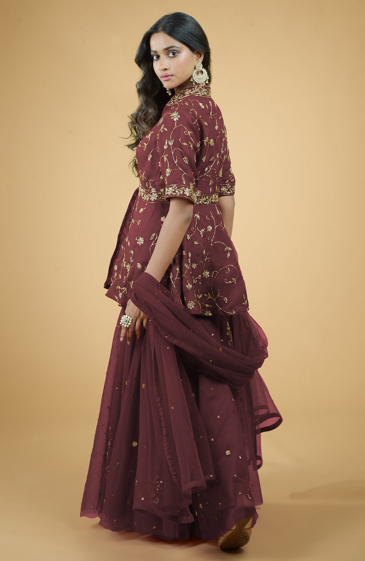 Marsala sharara set with gold bead and sequin zardozi embroidery on organza and tulle fabric