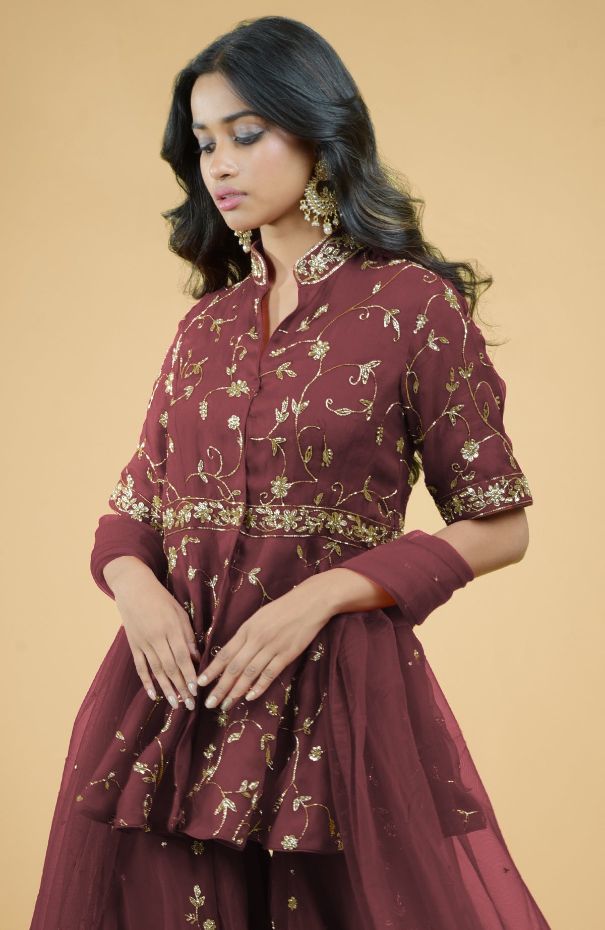 Marsala sharara set with gold bead and sequin zardozi embroidery on organza and tulle fabrics