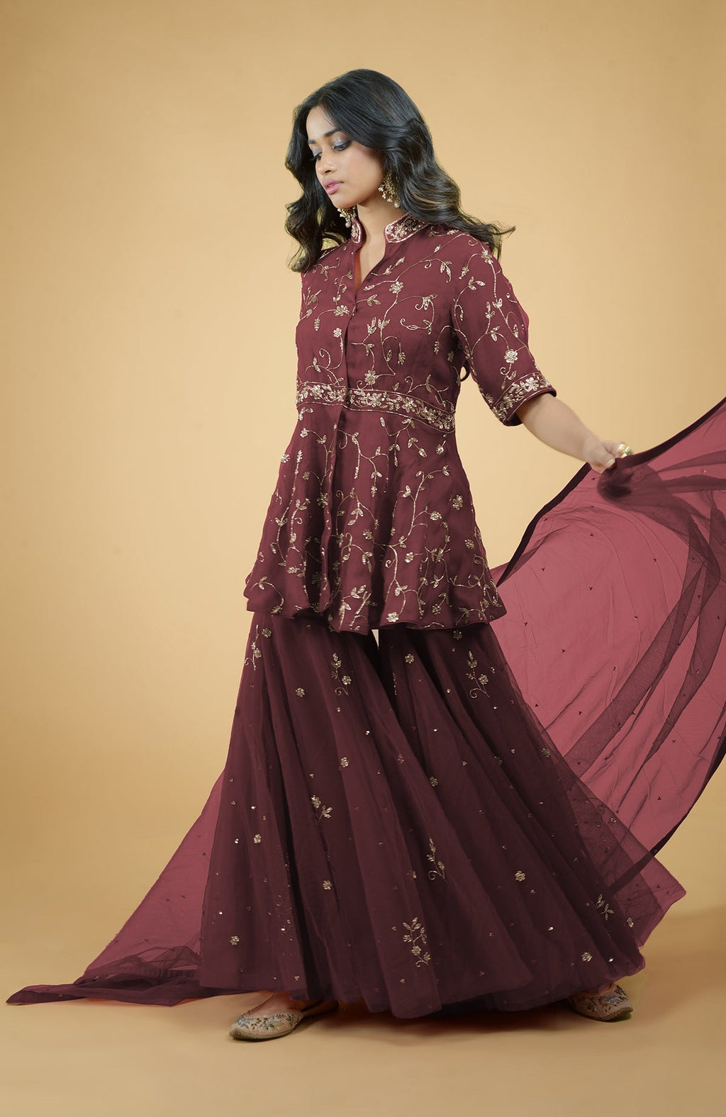 Marsala sharara set with gold bead and sequin zardozi embroidery and sheer organza peplum top