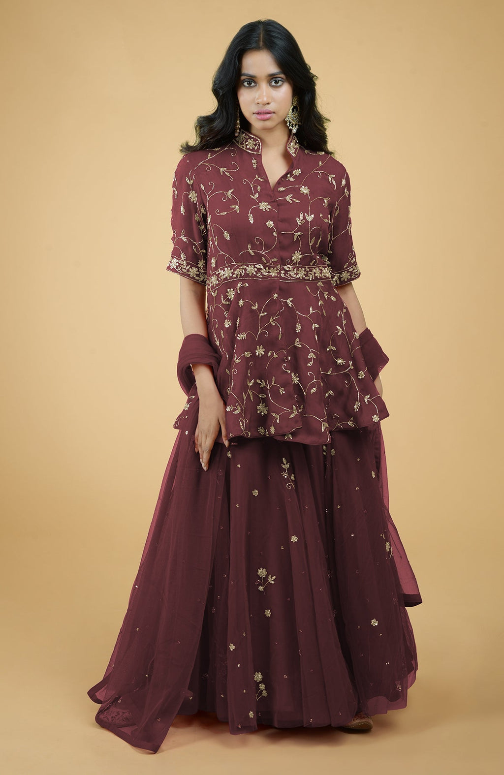 Marsala sharara set with gold bead and sequin zardozi embroidery and sheer organza peplum top
