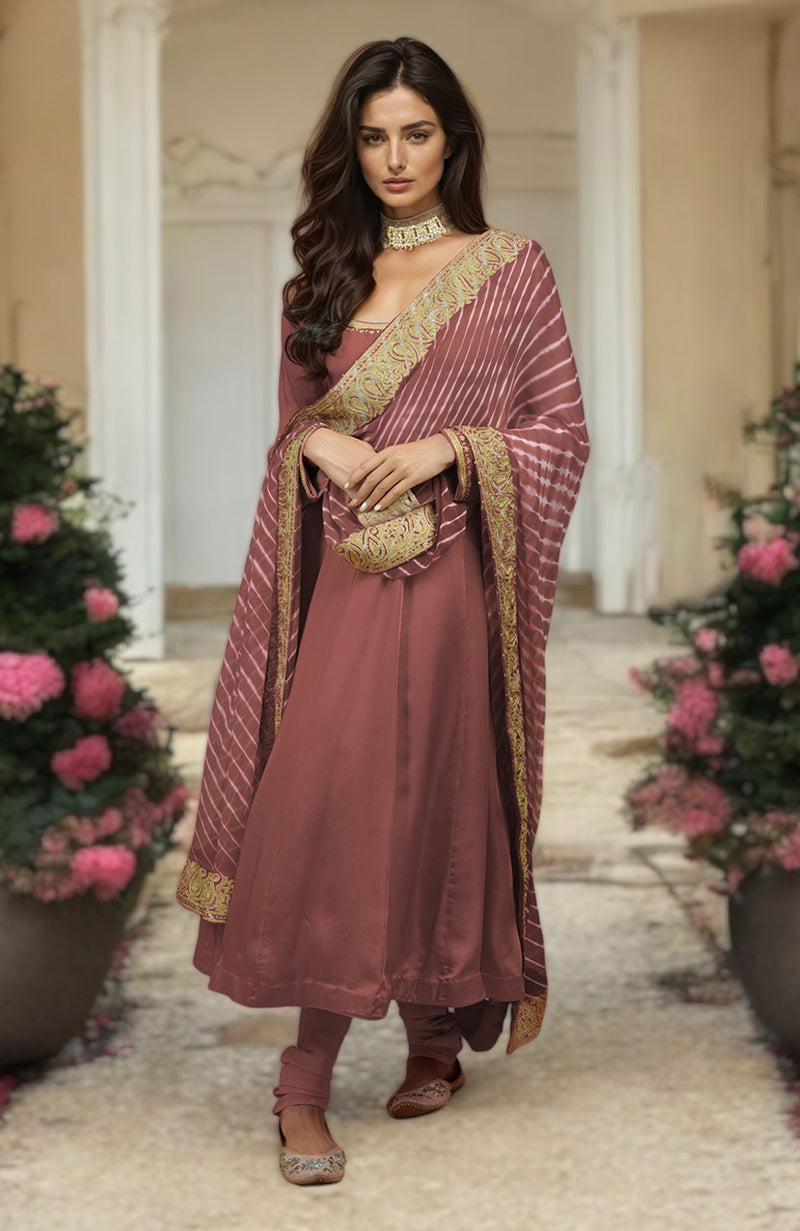 Coral orange Anarkali set with white leheriya dupatta and gold tilla embroidery details