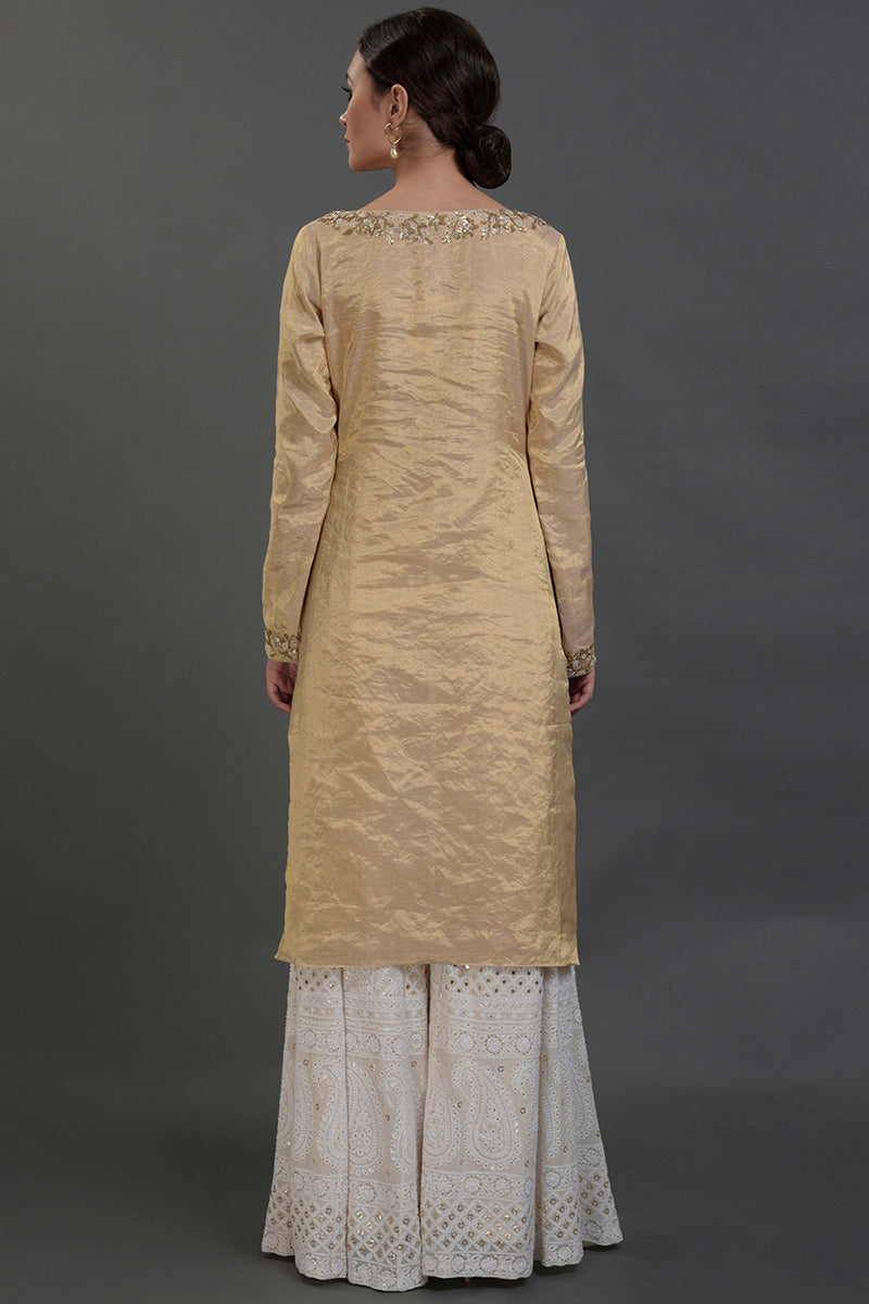 Ivory-gold silk tissue kurta with chikankari sharara and georgette dupatta embroidery set