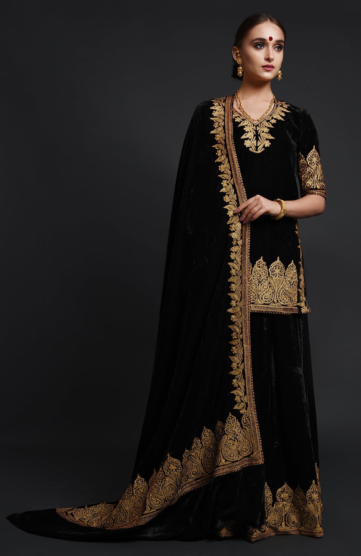 Black silk velvet lehenga set with gold Kashmiri Tilla aari embroidery on all pieces