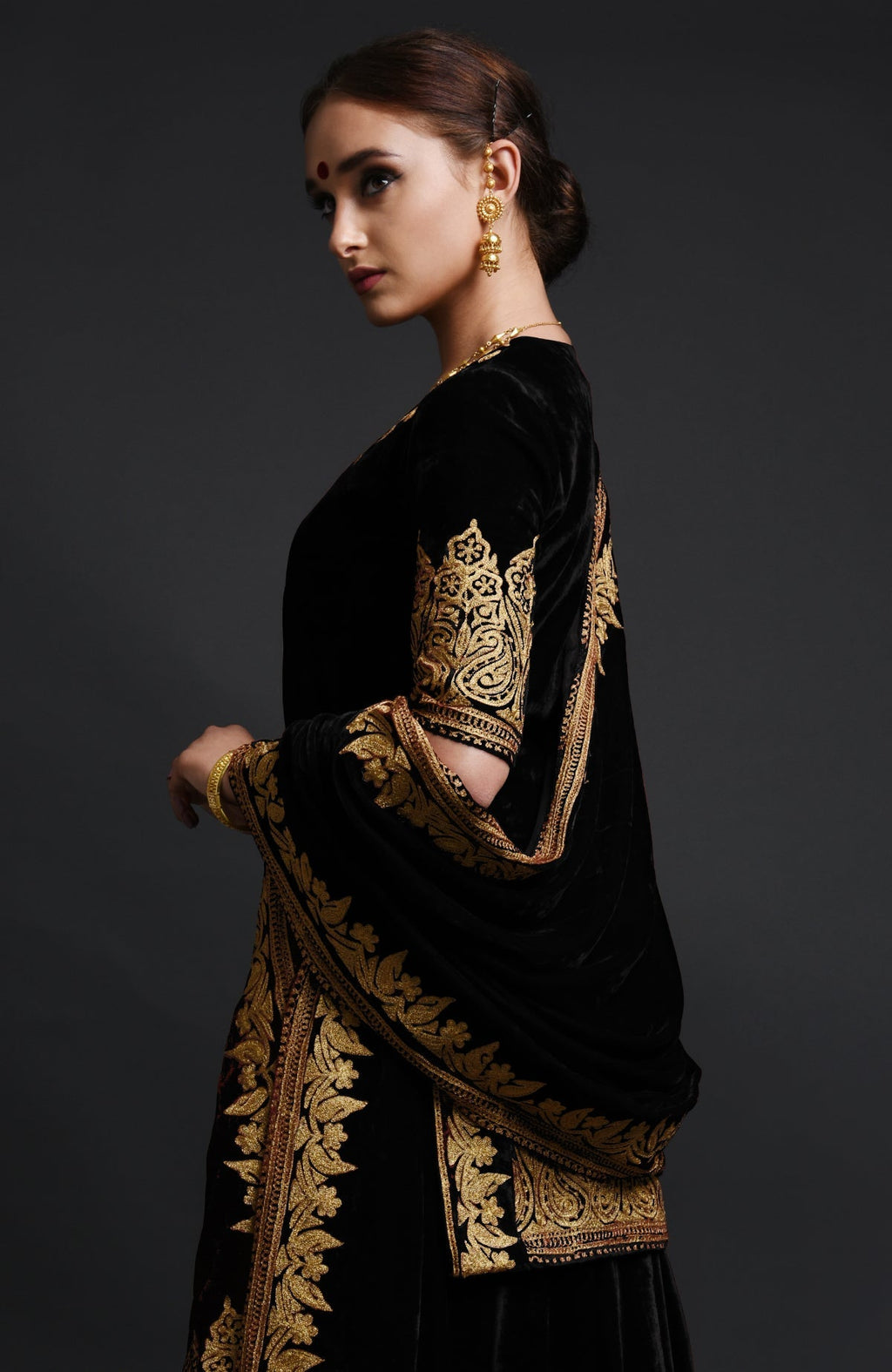 Black silk velvet lehenga set with gold Kashmiri Tilla aari embroidery on lehenga, shirt, and dupatta
