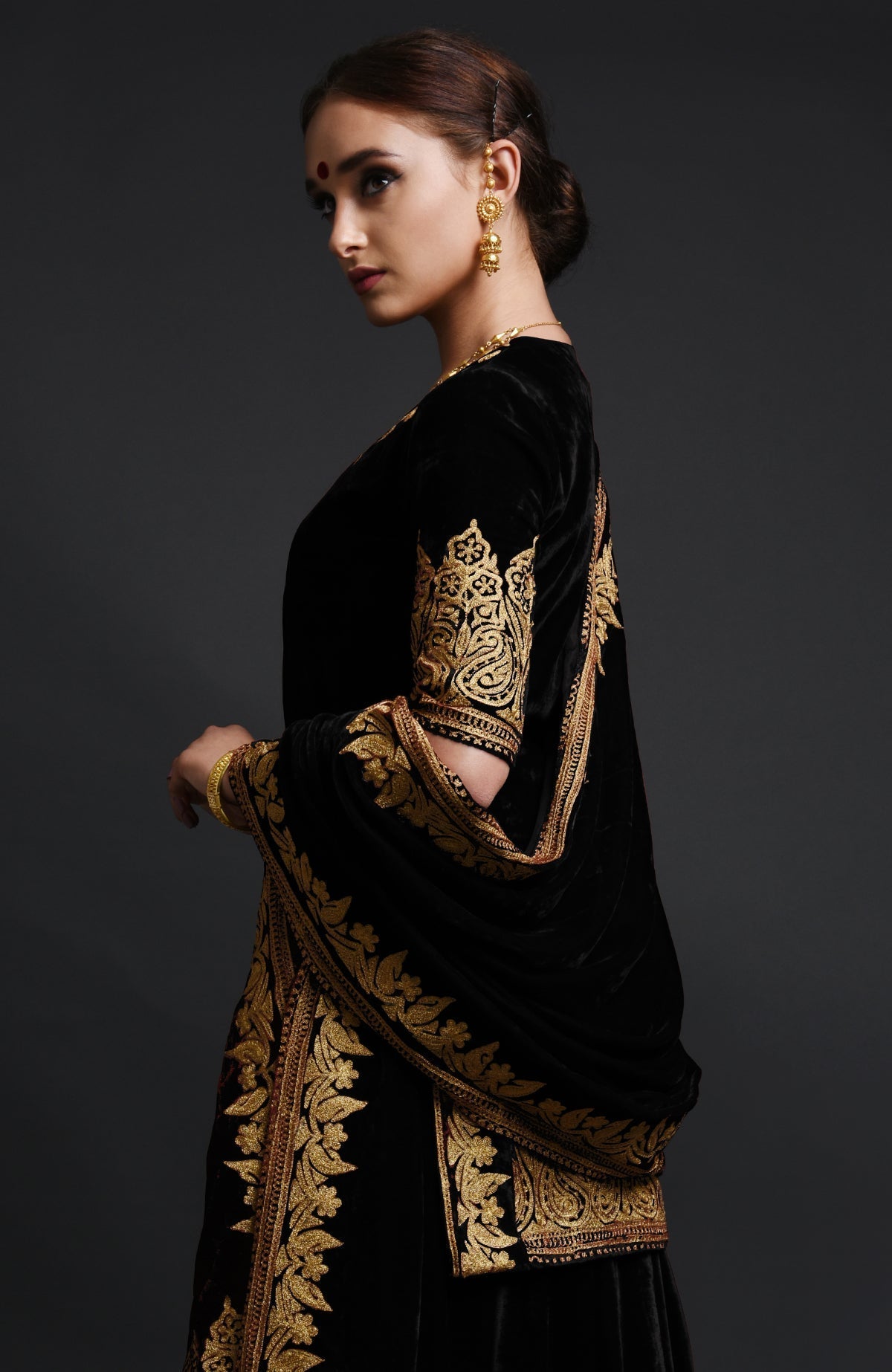 Black silk velvet lehenga set with gold Kashmiri Tilla aari embroidery on lehenga, shirt, and dupatta