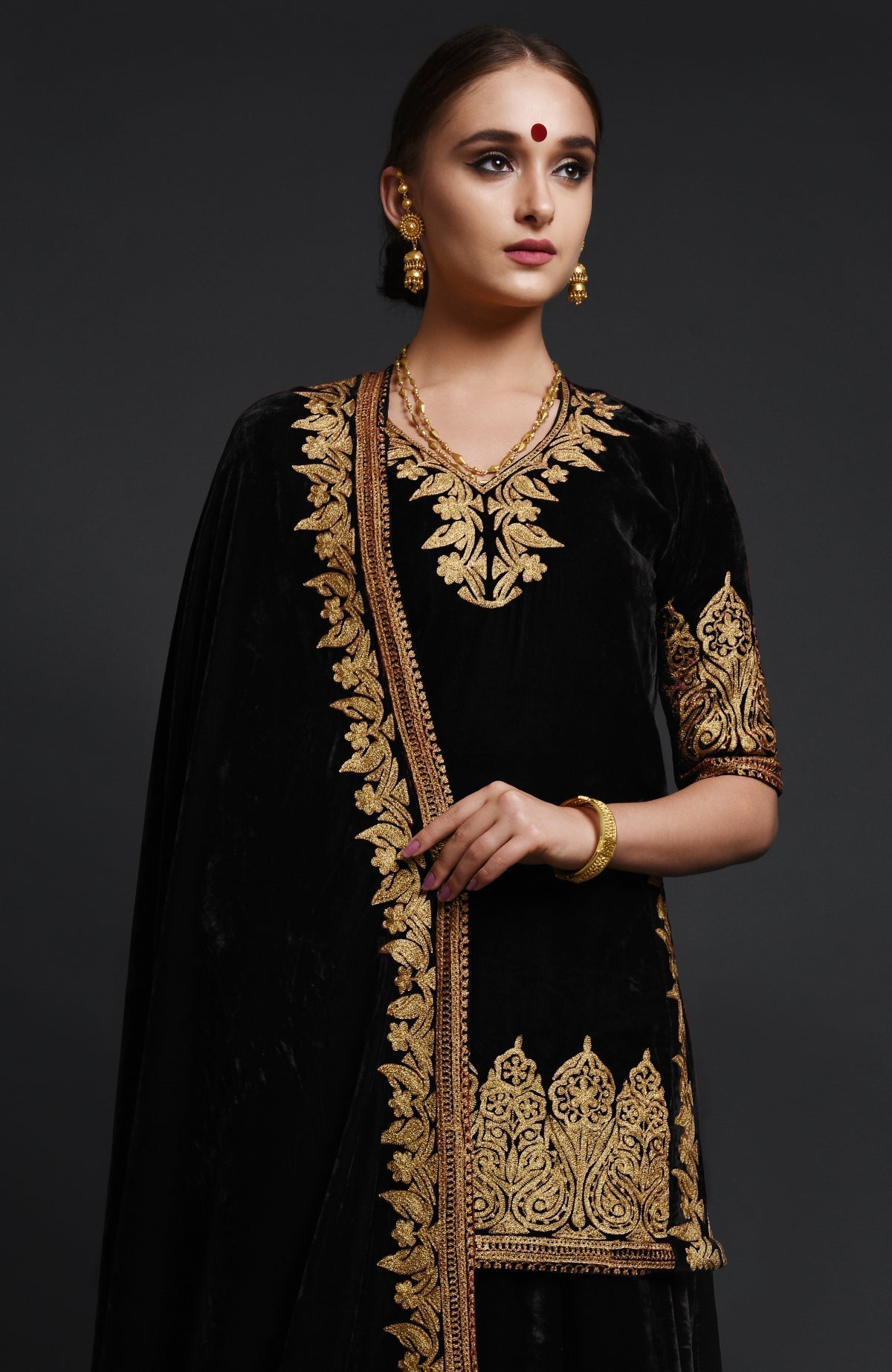 Black silk velvet lehenga set with gold Kashmiri Tilla aari embroidery on lehenga, shirt, and dupatta