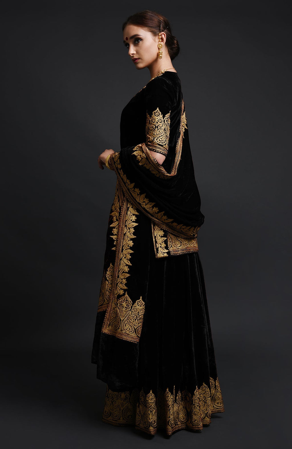 Black silk velvet lehenga set with gold Kashmiri Tilla aari embroidery on all pieces