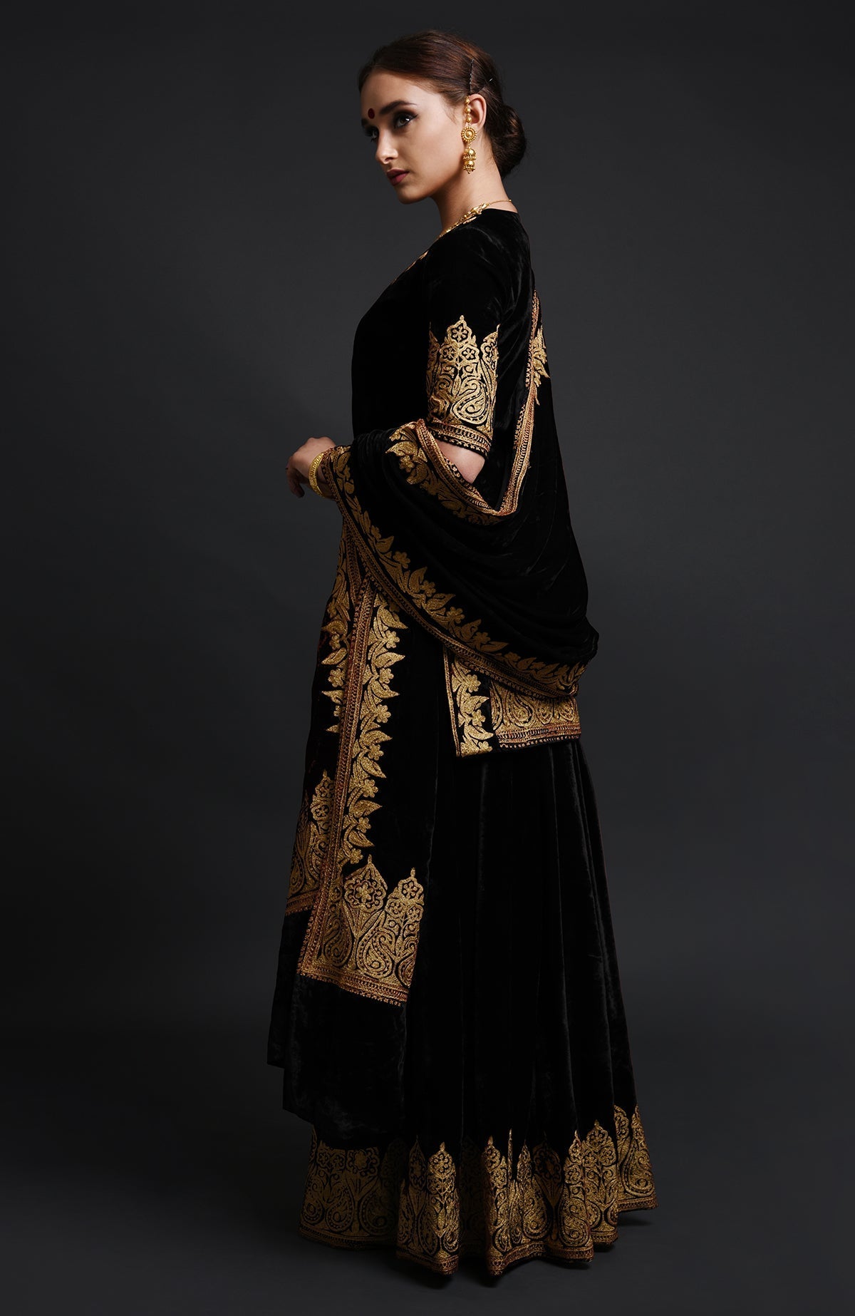 Black silk velvet lehenga set with gold Kashmiri Tilla aari embroidery on all pieces