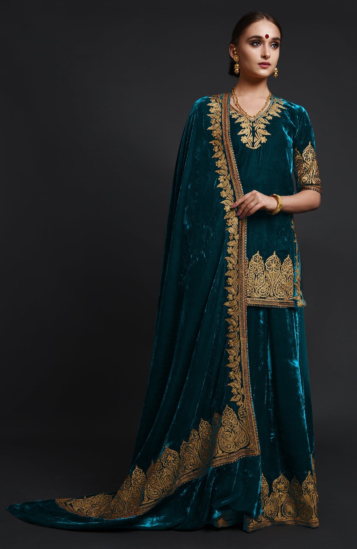 Black silk velvet lehenga set with gold Kashmiri Tilla aari embroidery on all pieces