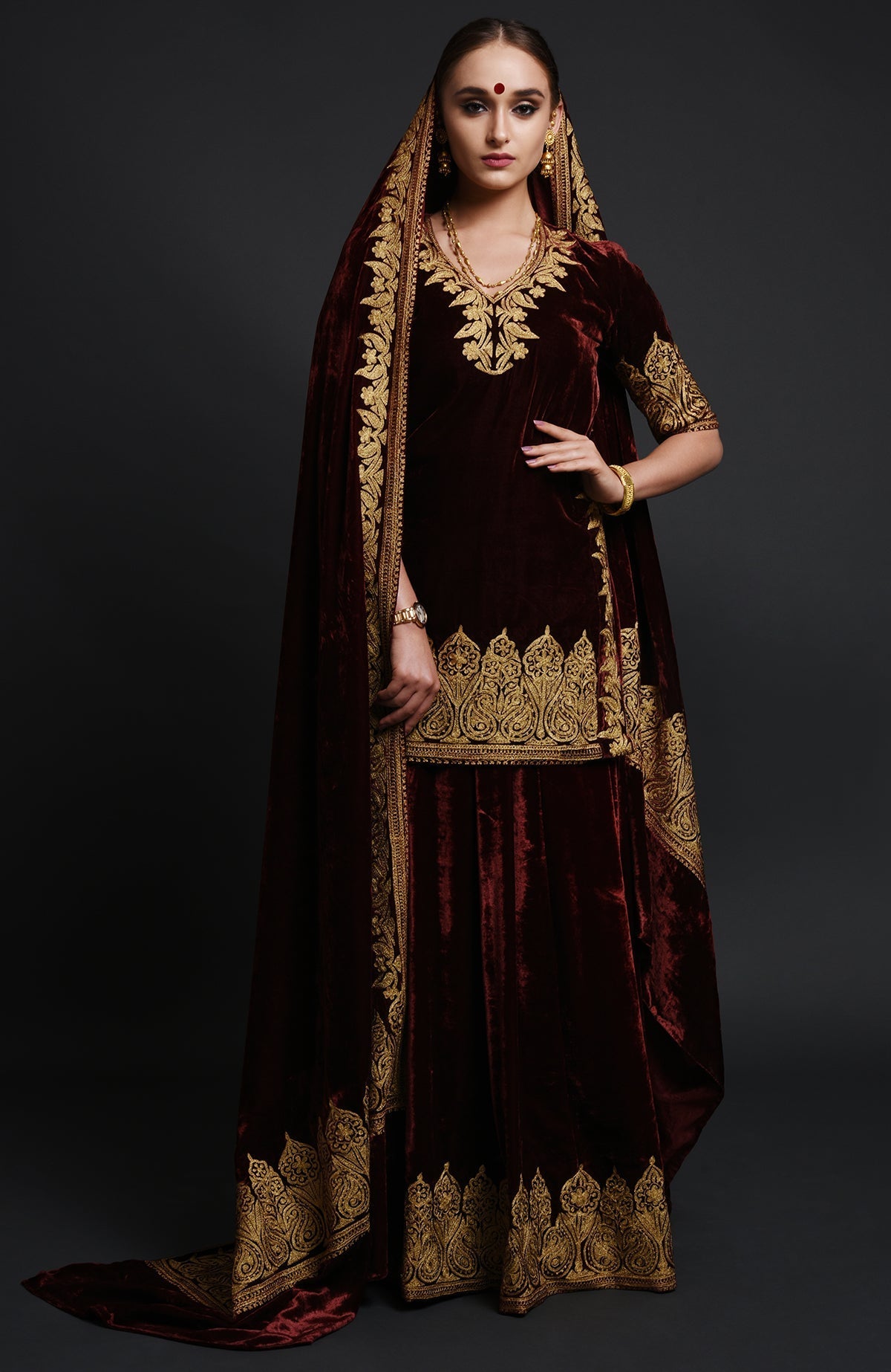Black silk velvet lehenga set with gold Kashmiri Tilla aari embroidery on all pieces