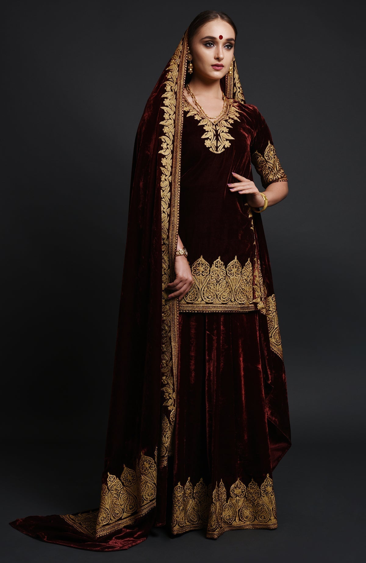 Burgundy silk velvet lehenga set with Kashmiri gold Tilla aari embroidery on all pieces