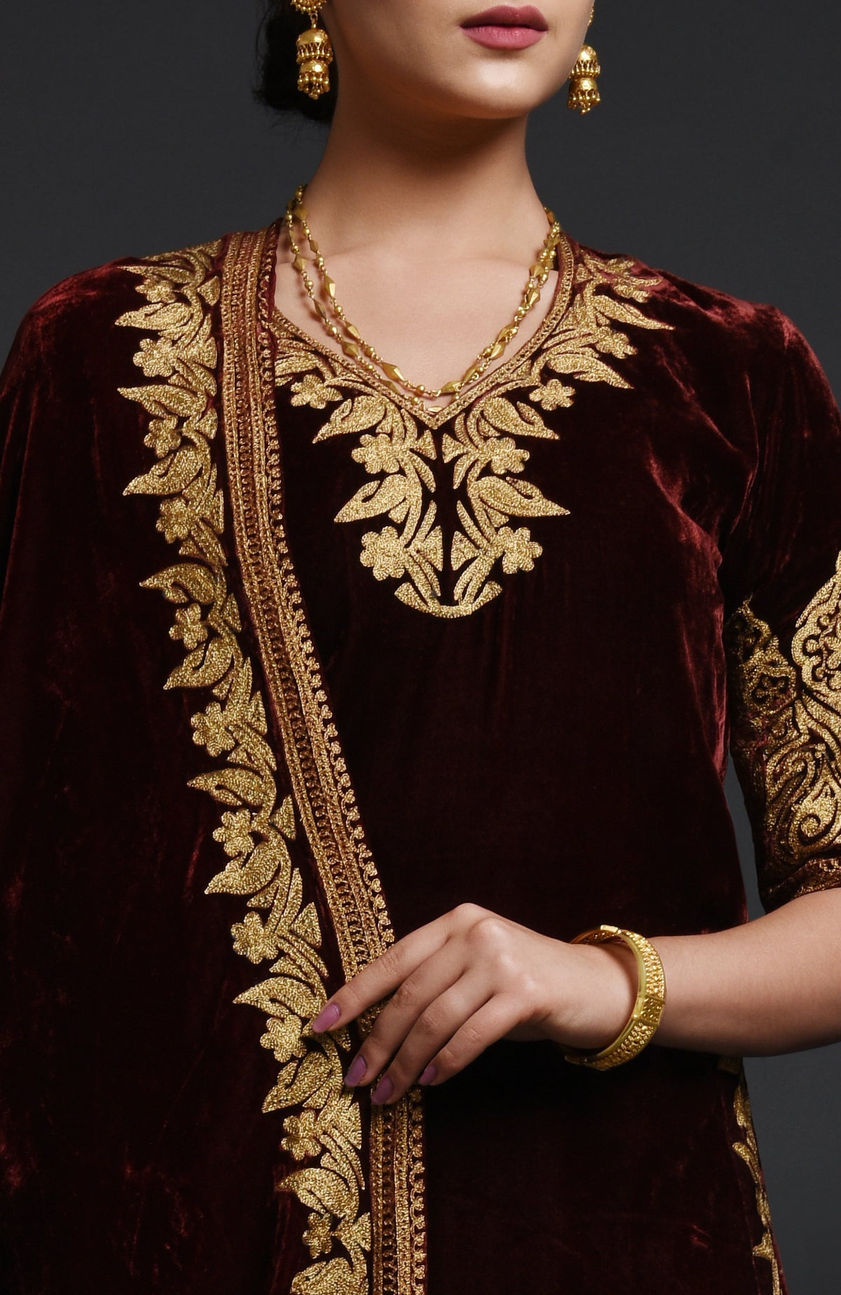 Burgundy silk velvet lehenga set with Kashmiri gold Tilla aari embroidery on all pieces