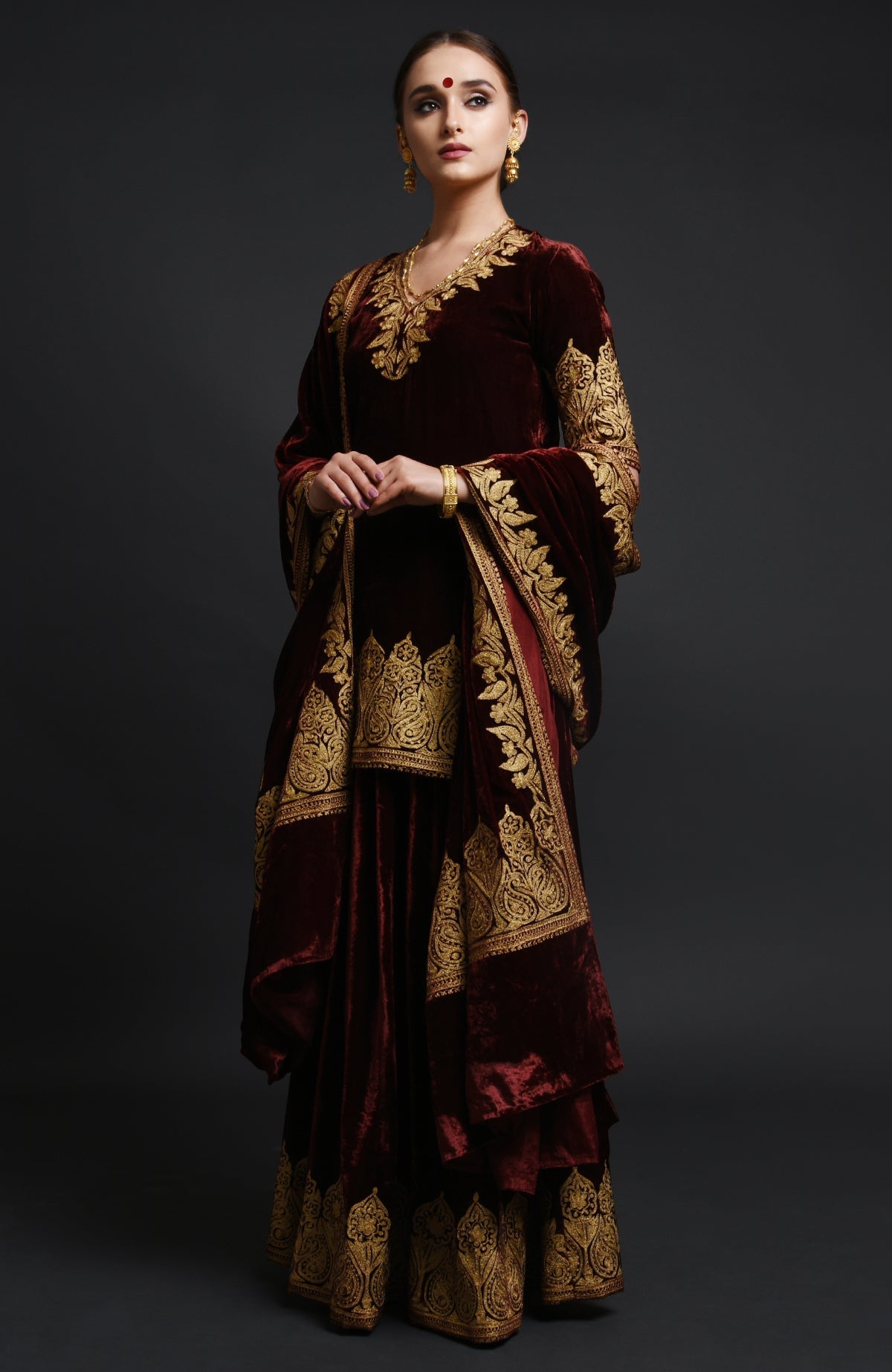 Burgundy silk velvet lehenga set with gold Kashmiri Tilla aari embroidery on all pieces