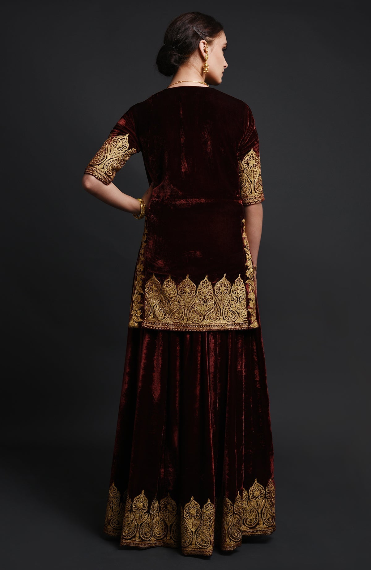 Burgundy silk velvet lehenga set with Kashmiri gold Tilla aari embroidery on all pieces