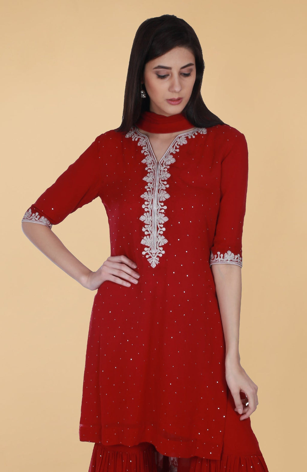 Scarlet red georgette gharara suit with silver tilla and mukaish embroidery and straight kurta