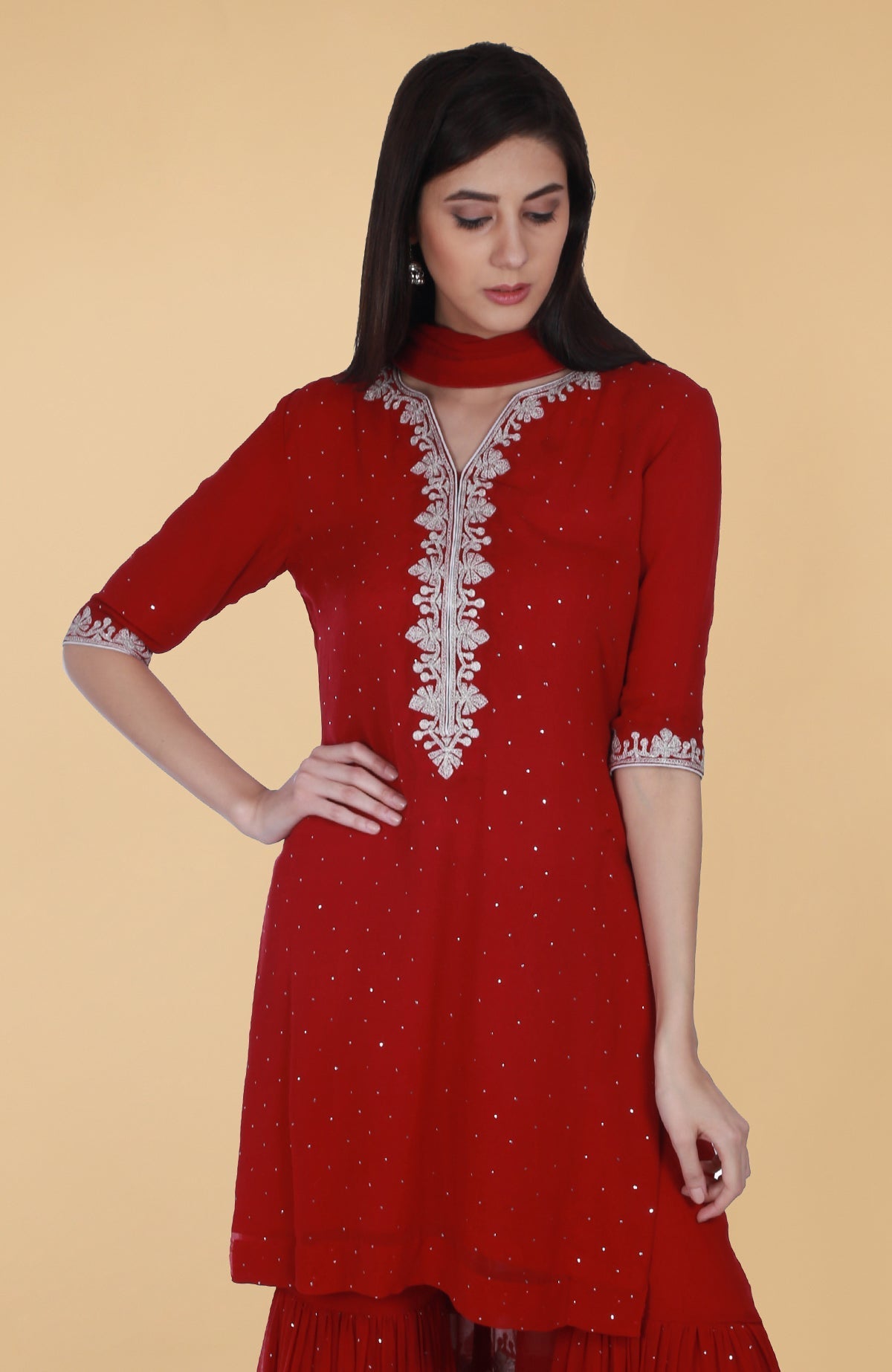 Scarlet red georgette gharara suit with silver tilla and mukaish embroidery and straight kurta