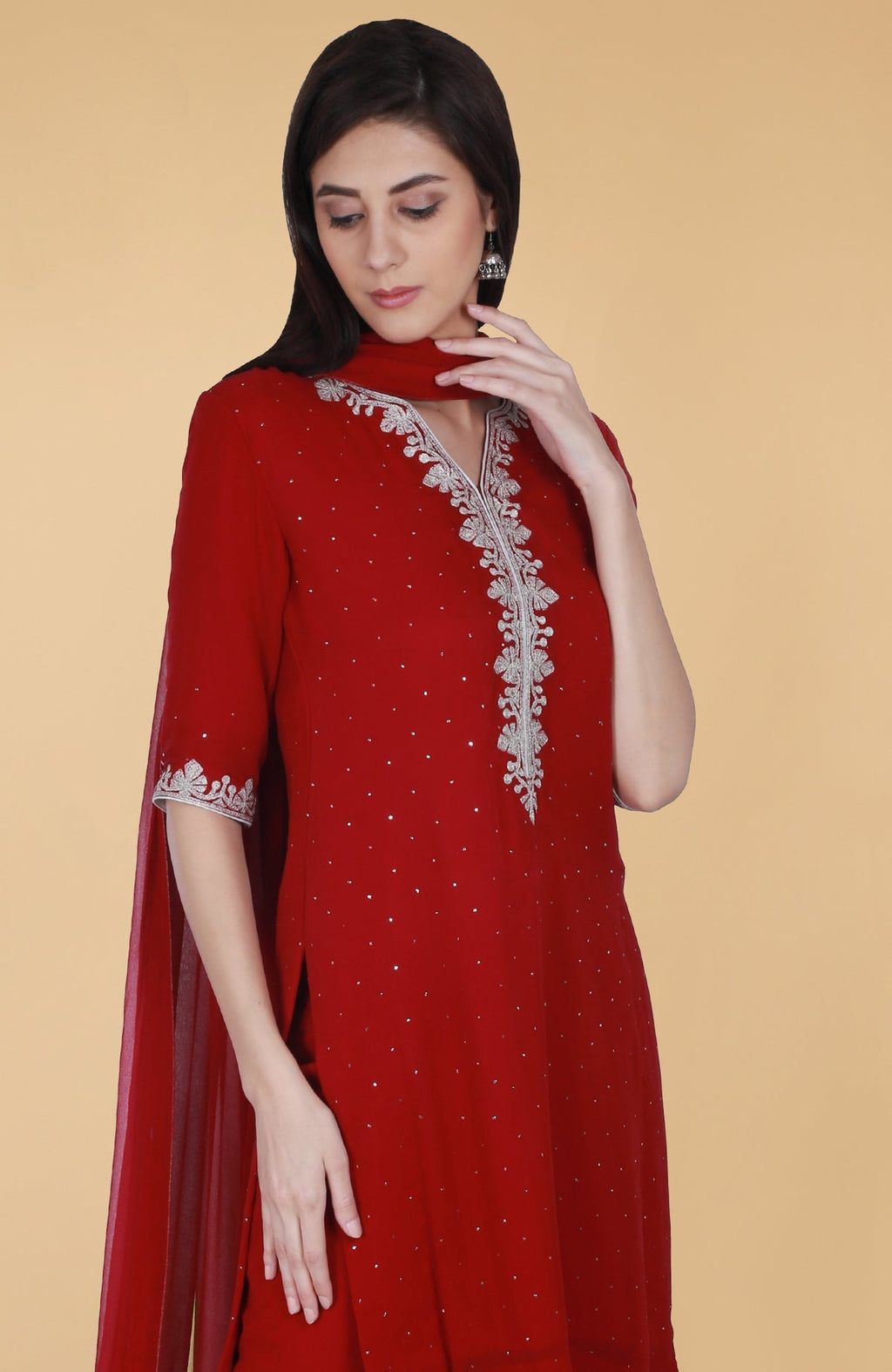 Scarlet red georgette gharara suit with silver tilla and mukaish embroidery and straight kurta