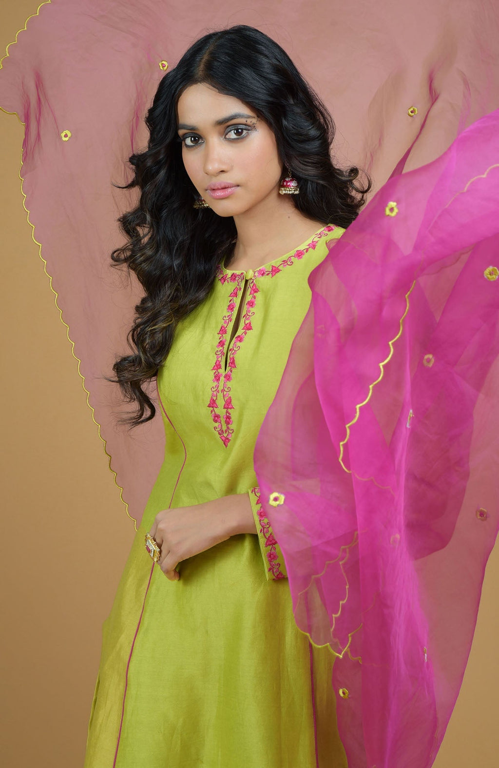 Lime green chanderi silk kurta with magenta piping and floral embroidered organza dupatta