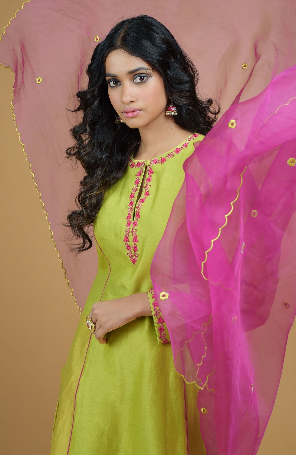 Lime green chanderi silk kurta with magenta piping and floral embroidered organza dupatta