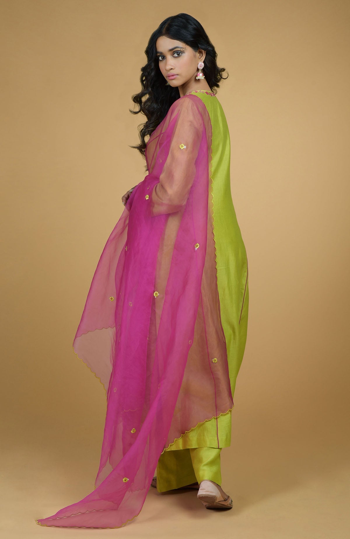 Lime green chanderi silk kurta with magenta piping and embroidered organza dupatta set