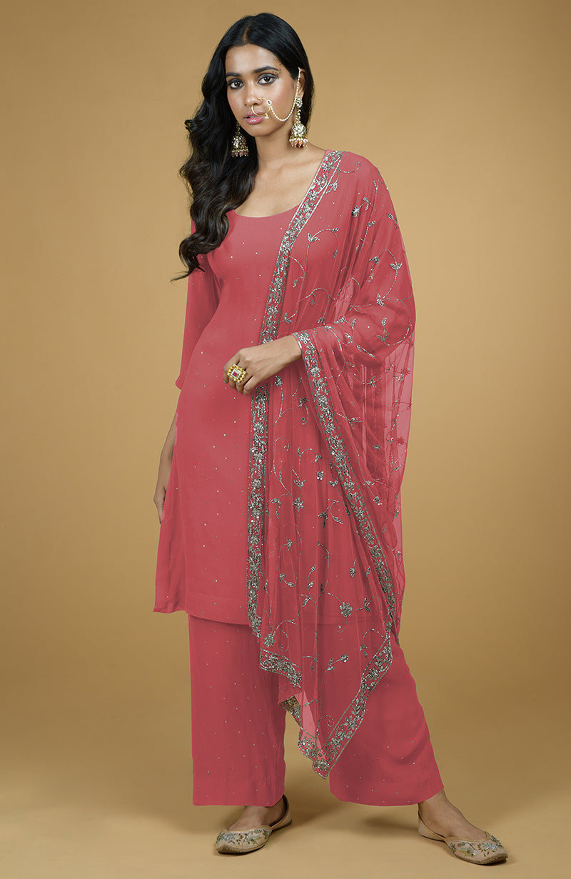 Marsala georgette kurta with silver mukaish embroidery and cut bead zardozi dupatta