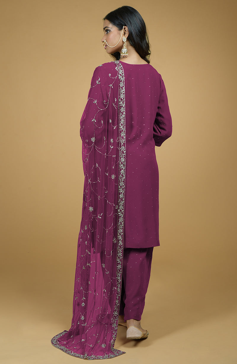 Peacock pink mukaish-silver zardozi hand embroidered kurta set with matching dupatta.