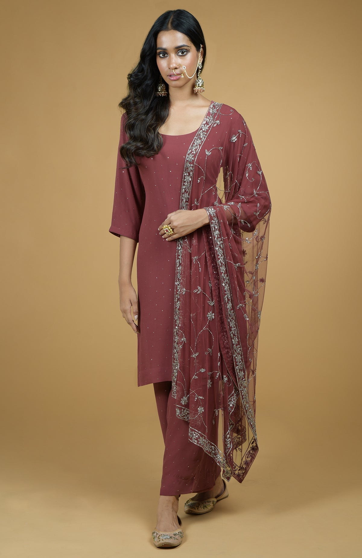 Marsala georgette kurta with silver mukaish embroidery and hand-embroidered cut bead zardozi dupatta.