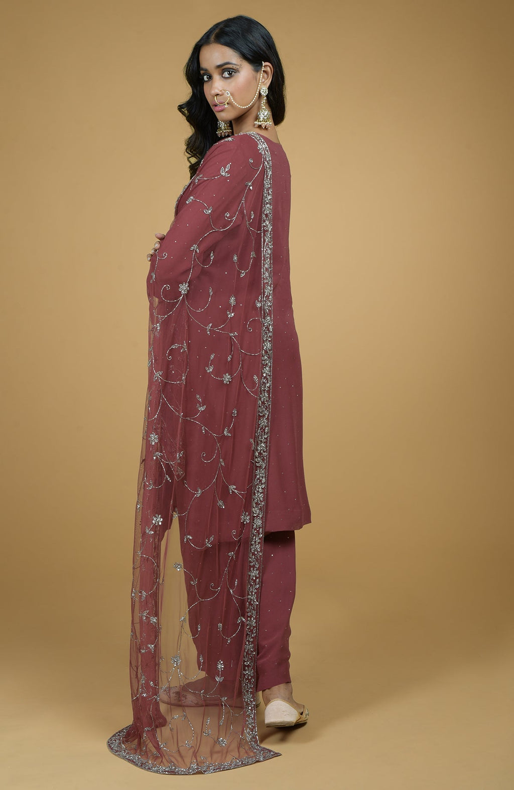 Marsala georgette kurta with silver mukaish embroidery and cut bead zardozi dupatta