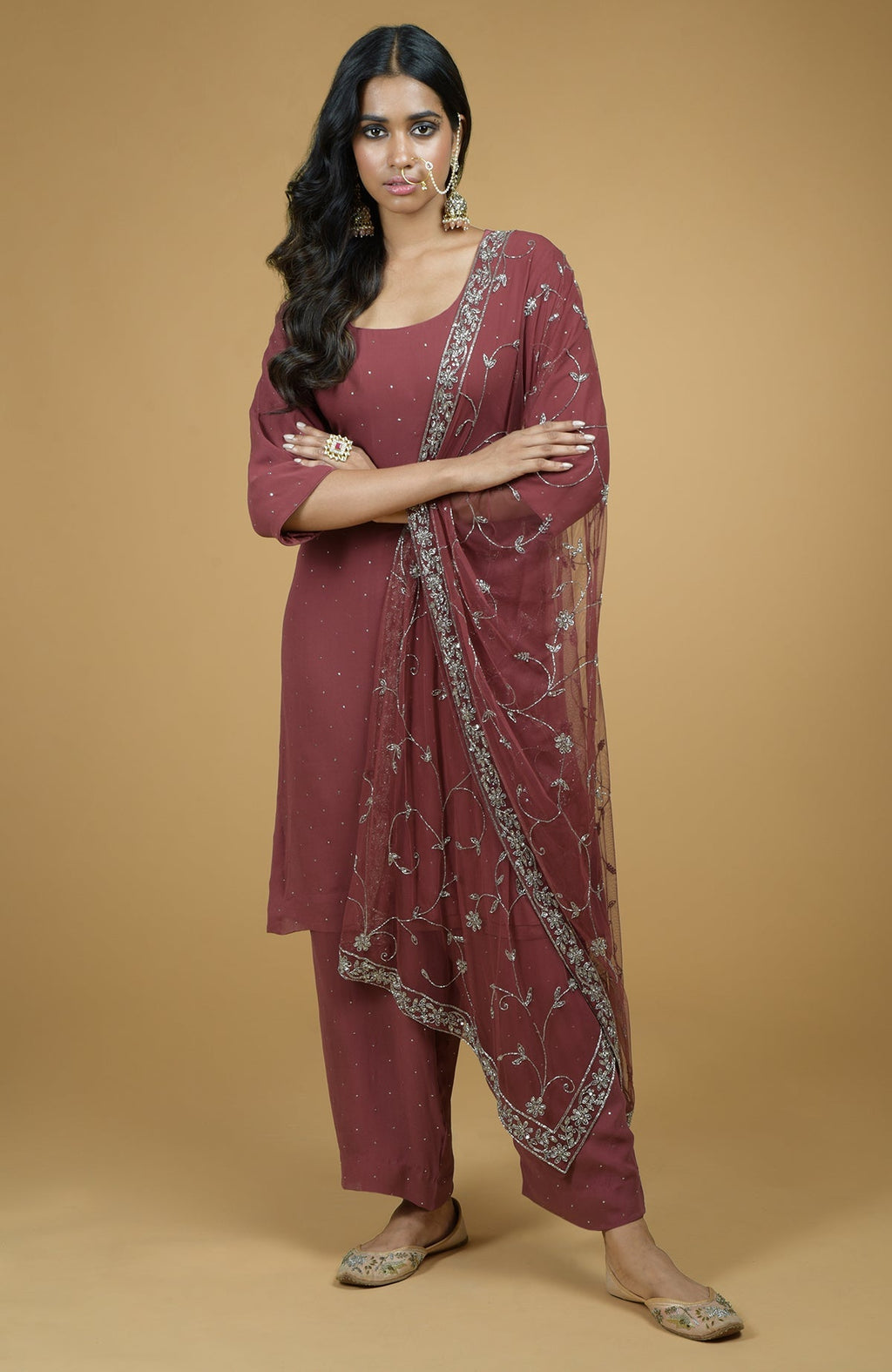 Marsala georgette kurta set with silver mukaish embroidery and cut bead zardozi dupatta