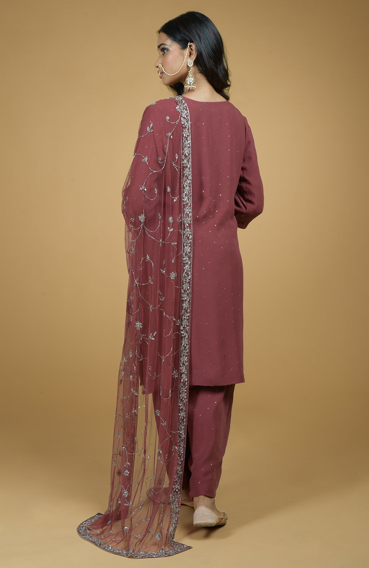 Marsala georgette kurta set with silver mukaish embroidery and cut bead zardozi dupatta.