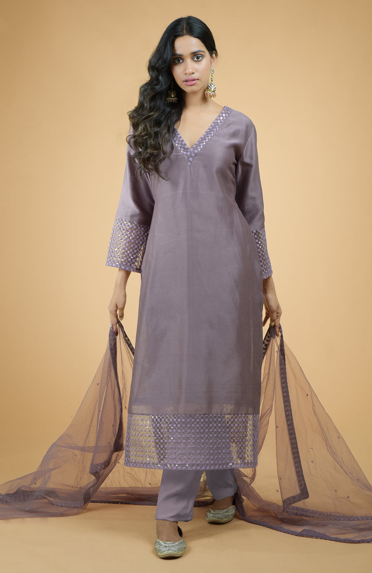 Marsala georgette kurta with silver mukaish embroidery and cut bead zardozi dupatta