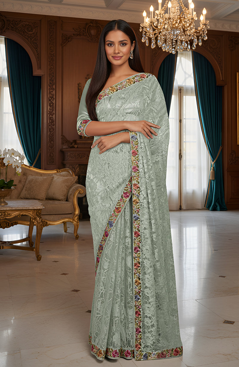 Desert Sage Parsi Gara Embroidered French Chantilly Lace Saree