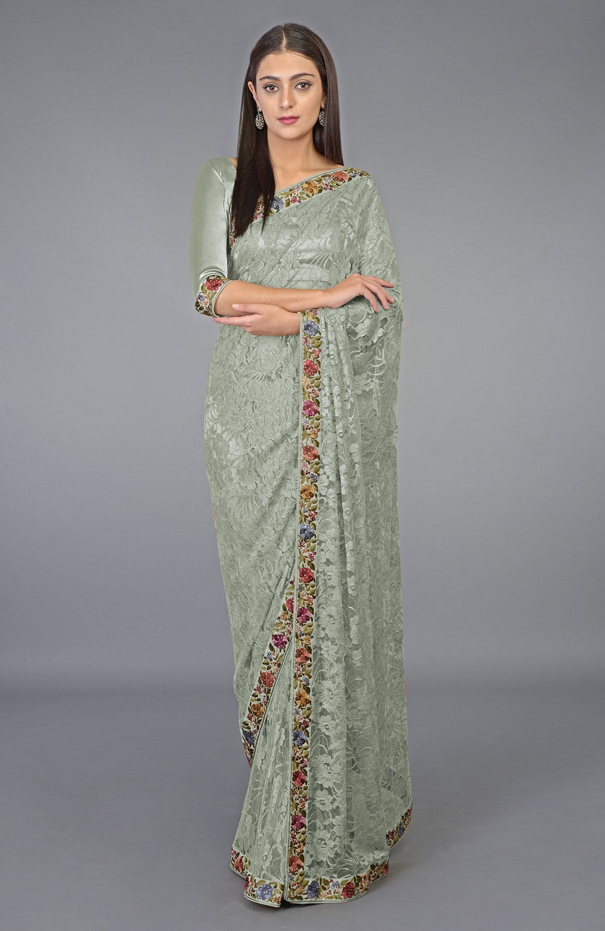 Rose tan French Chantilly lace saree with multicolor Parsi Gara embroidery and Swarovski crystals