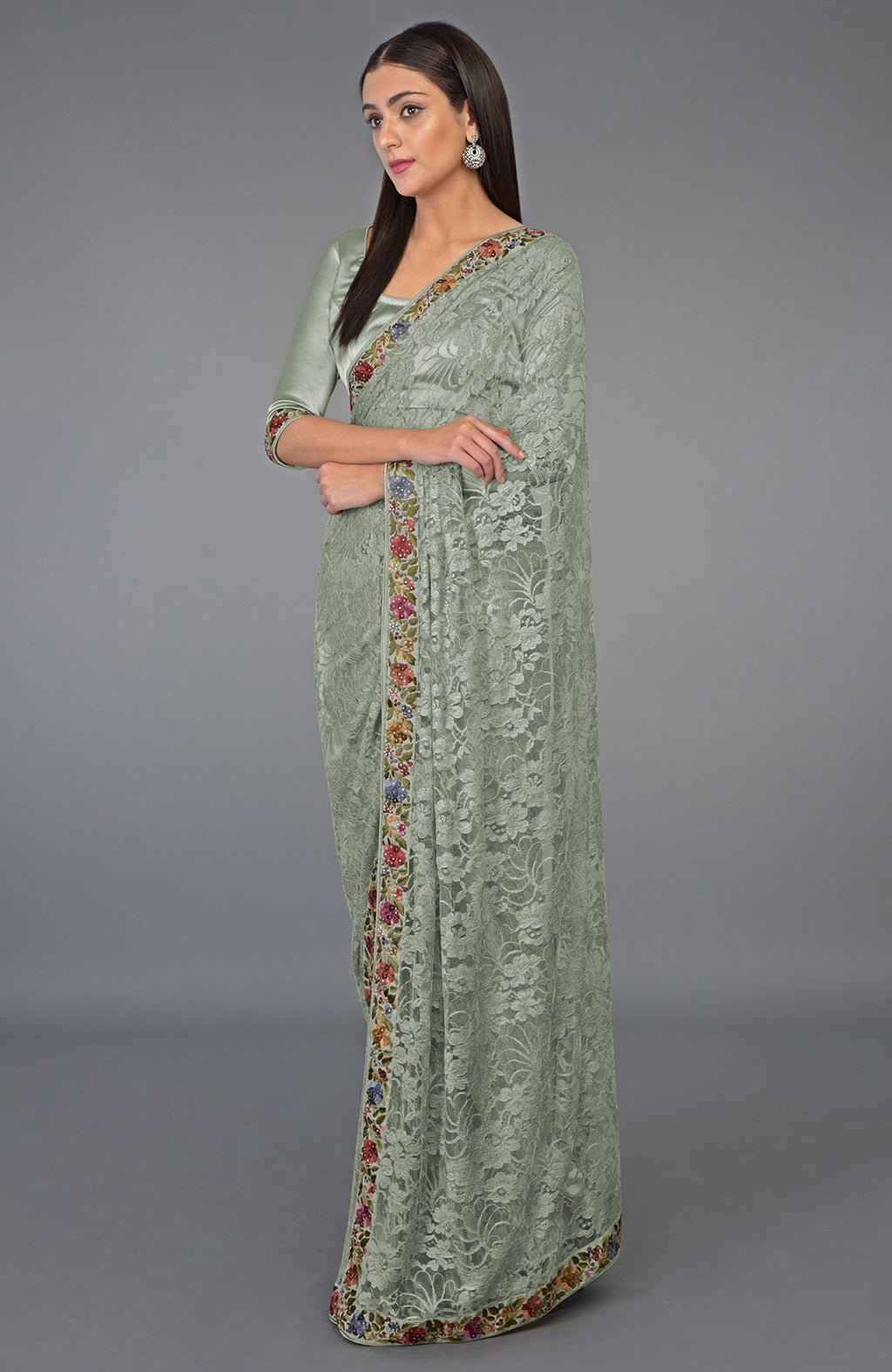 Desert sage saree with French Chantilly lace and multicolor Parsi Gara embroidery borders.