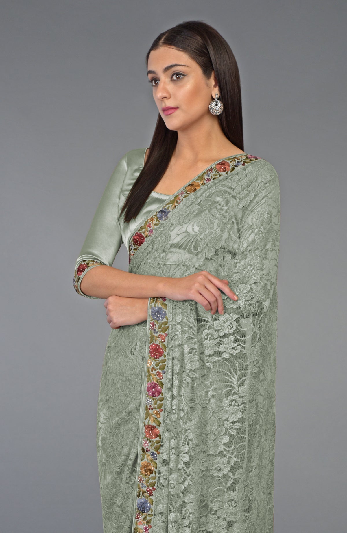Desert sage French Chantilly lace saree with multicolor Parsi Gara embroidery and crystal highlights