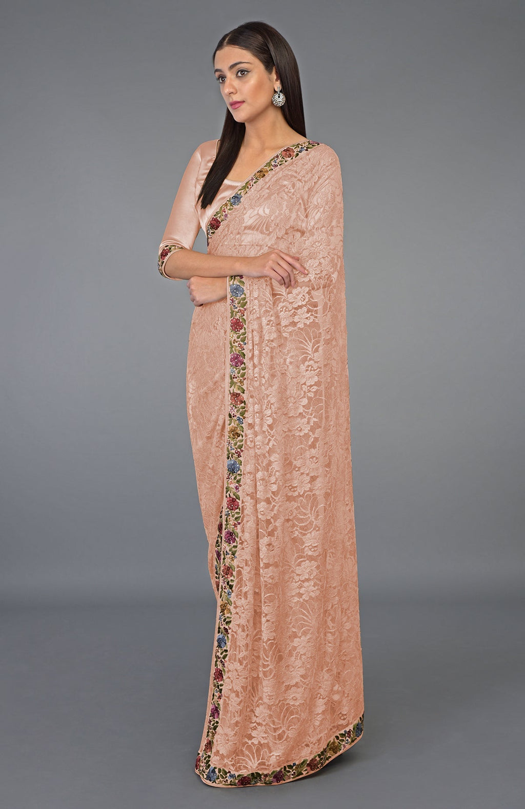 Pearl blush saree with French Chantilly lace and multicolor Parsi Gara embroidery borders