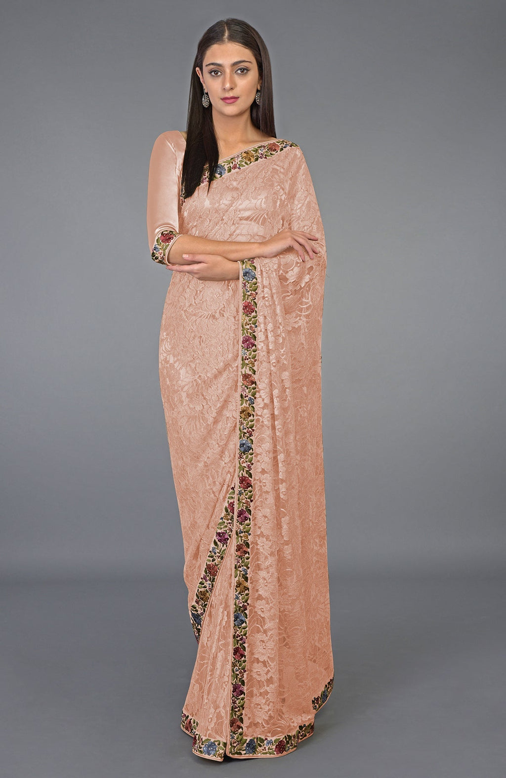 Pearl blush saree with French Chantilly lace and multicolor Parsi Gara embroidery with crystals.