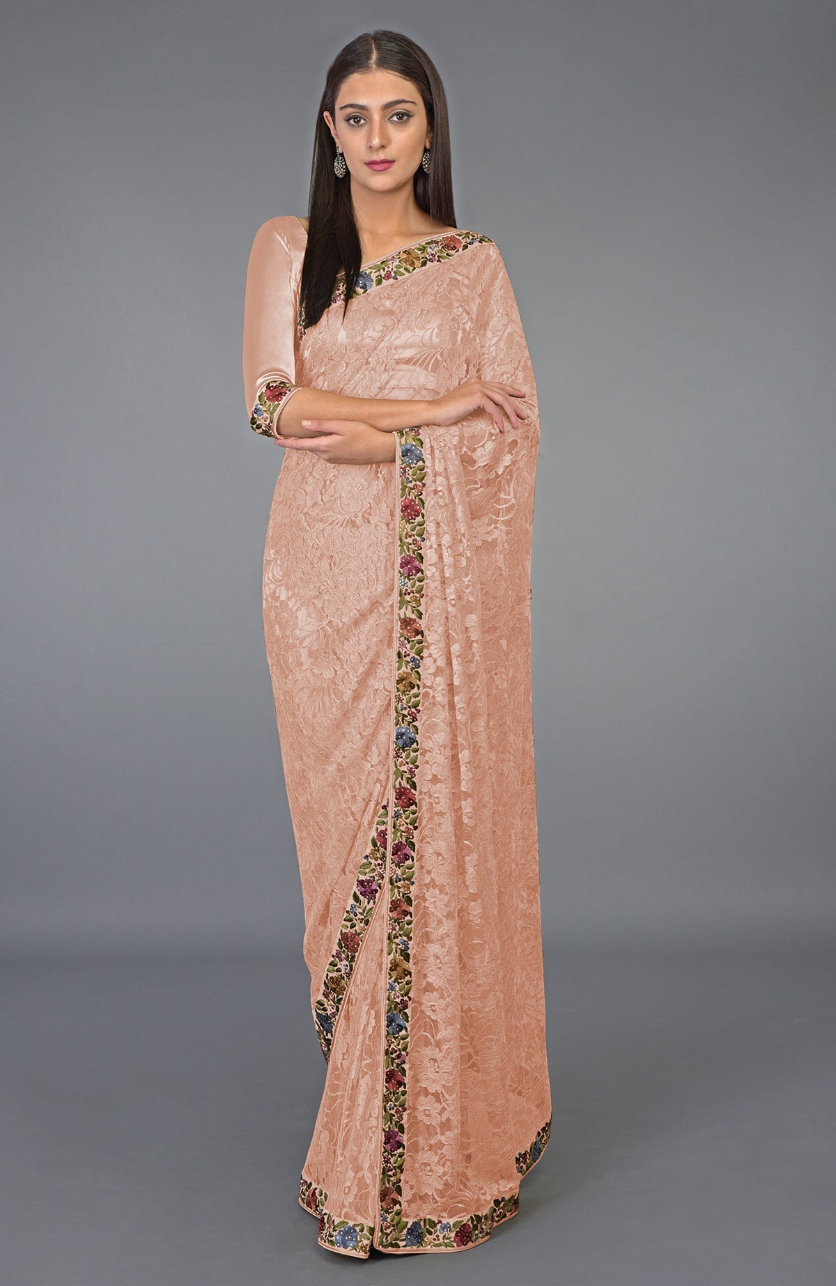 Pearl blush saree with French Chantilly lace and multicolor Parsi Gara embroidery with crystals.