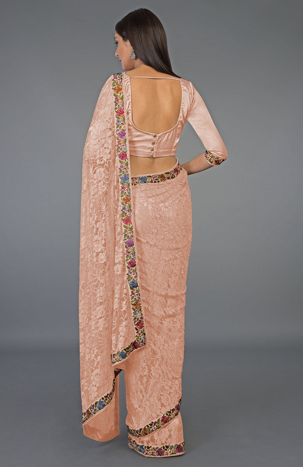 Pearl blush French Chantilly lace saree with multicolor Parsi Gara embroidery and Swarovski crystals.
