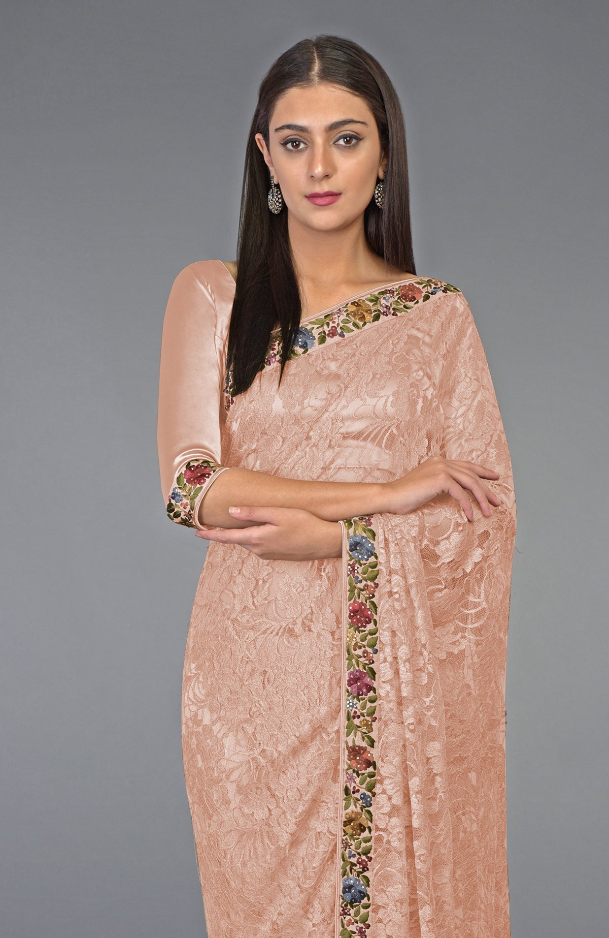 Pearl blush saree with French Chantilly lace and multicolor Parsi Gara embroidery borders