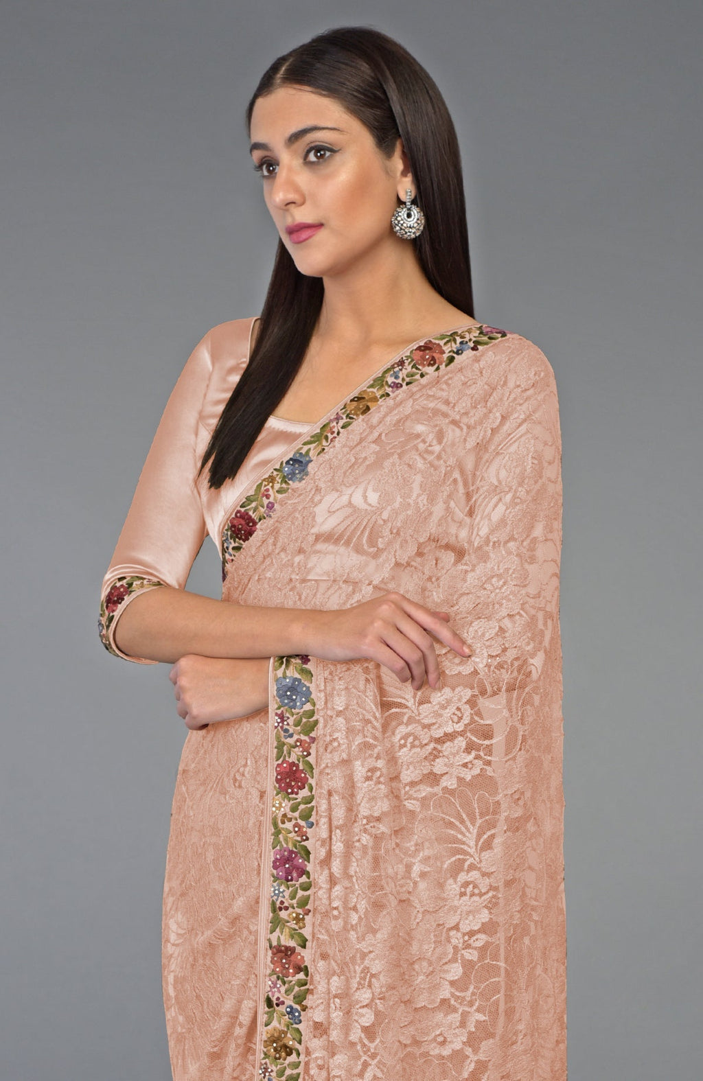 Pearl blush French Chantilly lace saree with multicolor Parsi Gara embroidery and crystal highlights